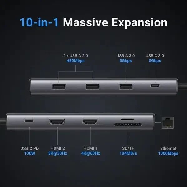 Ugreen CM639 Type-C 10 in 1 HDMI 8K HDR PD100W USB-хаб T7532K фото